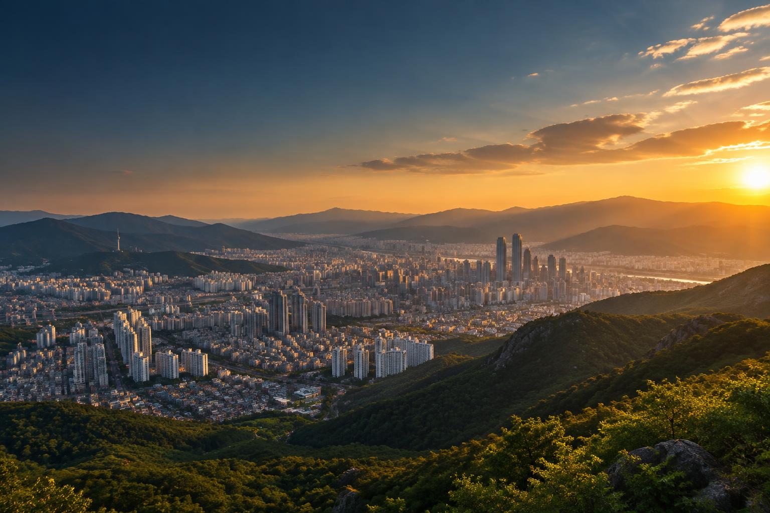 Daegu city and surrounding mountains viewed from above at sunset